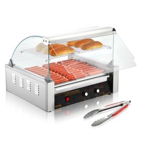 VEVOR Hot Dog Roller, Stainless Sausage Grill Cooker Machine with Dual Temp Control Glass Hood Acrylic Cover Bun Warmer Shelf Removable Drip Tray, ETL (Roller Number: 11 Roller)